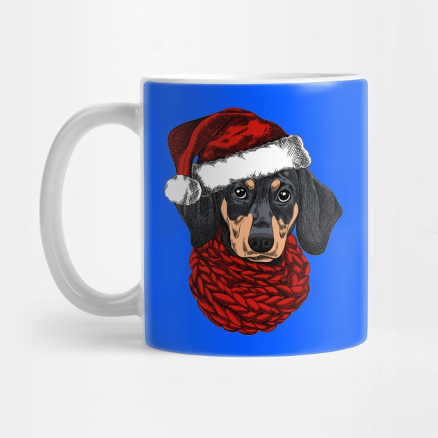 Dachshund dog for a Christmas card. Dachshund with a red knitted warm scarf and a santa hat. Merry Christmas in the year of the dog. New Year's Eve by amramna